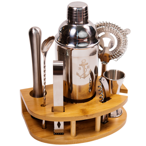 Stock Harbor 8 Piece Stainless Steel Bartender Set with Curved Bamboo Base Kitchen Accessories Cocktail Bar Tool Set